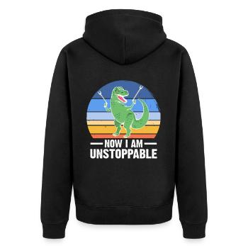 Now I Am Unstoppable Funny T-Rex - Unisex Premium Bio Zip Hoodie - Schwarz - Hinten - Nico (187cm)