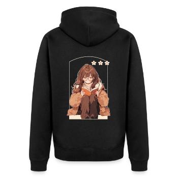 Kawaii Anime Girl In Glasses Book Reading Cozy Cot - Unisex Premium Bio Zip Hoodie - Schwarz - Hinten - Nico (187cm)