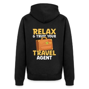 Relax & Trust Your Reisebüro - Unisex Premium Bio Zip Hoodie - Schwarz - Hinten - Nico (187cm)