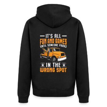 Lustiger Abschleppwagenfahrer - Unisex Premium Bio Zip Hoodie - Schwarz - Hinten - Nico (187cm)