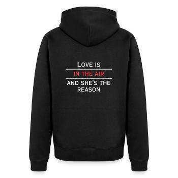 Liebe ist in der Luft und sie ist der Grund - Unisex Premium Bio Zip Hoodie - Schwarz - Hinten - Nico (187cm)