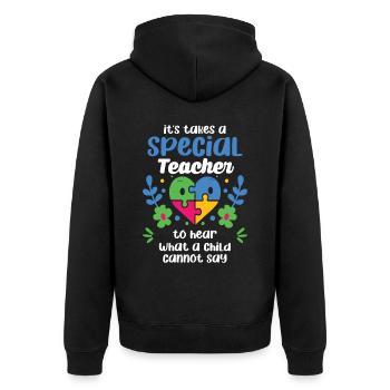 Es Braucht Einen Besonderen Lehrer, Um Zu Hören, - Unisex Premium Bio Zip Hoodie - Schwarz - Hinten - Nico (187cm)
