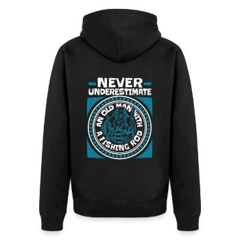 Never Underestimate An Old Man With A Fishing Rod - Unisex Premium Bio Zip Hoodie - Schwarz - Hinten - Nico (187cm)