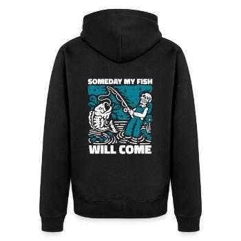 Someday My Fish Will Come Fliegenfischer - Unisex Premium Bio Zip Hoodie - Schwarz - Hinten - Nico (187cm)