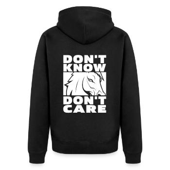 Pferd Reitsport Witzig Dont Know Dont Care - Unisex Premium Bio Zip Hoodie - Schwarz - Hinten - Nico (187cm)