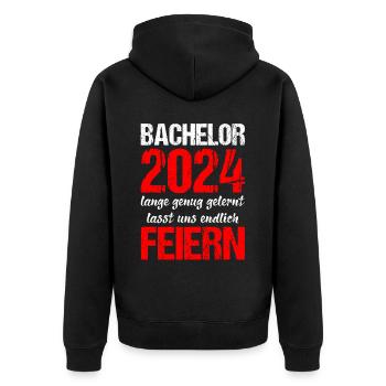 Bachelor 2024 Lange Genug Gelernt Lasst Uns Feiern - Unisex Premium Bio Zip Hoodie - Schwarz - Hinten - Nico (187cm)