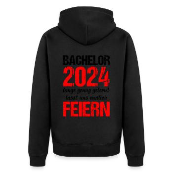Bachelor 2024 Lange Genug Gelernt Lasst Uns Feiern - Unisex Premium Bio Zip Hoodie - Schwarz - Hinten - Nico (187cm)
