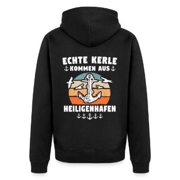 Heiligenhafen Sprüche - Unisex Premium Bio Zip Hoodie - Schwarz - Hinten - Nico (187cm)