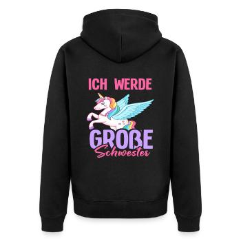 Ich werde große Schwester Einhorn Bunt Schwanger - Unisex Premium Bio Zip Hoodie - Schwarz - Hinten - Nico (187cm)
