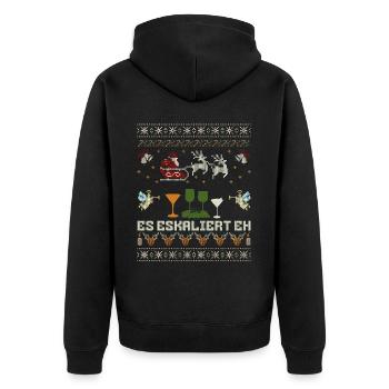 "Es eskaliert eh" Ugly Christmas Party Kostüm - Unisex Premium Bio Zip Hoodie - Schwarz - Hinten - Nico (187cm)