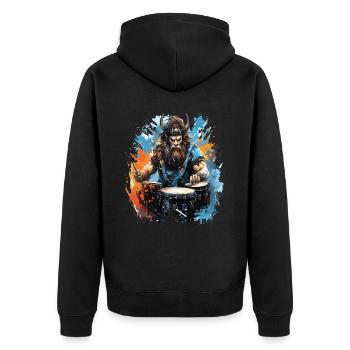 Ein Wikingerkrieger, der Schlagzeug spielt. - Unisex Premium Bio Zip Hoodie - Schwarz - Hinten - Nico (187cm)