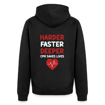 Härter, Schneller, Tiefere - Unisex Premium Bio Zip Hoodie - Schwarz - Hinten - Nico (187cm)