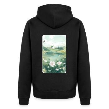 Cottagecore Botanical Countryside Pond Naturecore - Unisex Premium Bio Zip Hoodie - Schwarz - Hinten - Nico (187cm)