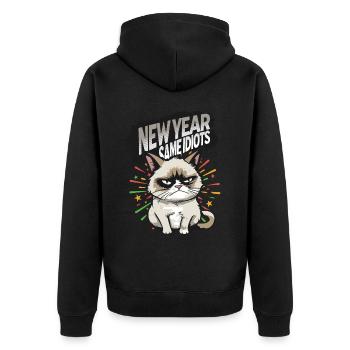 Same Idiots - Angry Cat Happy New Year Pajamas - Unisex Premium Bio Zip Hoodie - Schwarz - Hinten - Nico (187cm)