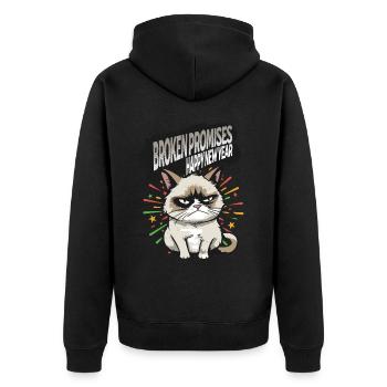 Broken Promises - Angry Cat Happy New Year Pajamas - Unisex Premium Bio Zip Hoodie - Schwarz - Hinten - Nico (187cm)