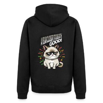 Closer to Death - Angry Cat Happy New Year Pajamas - Unisex Premium Bio Zip Hoodie - Schwarz - Hinten - Nico (187cm)
