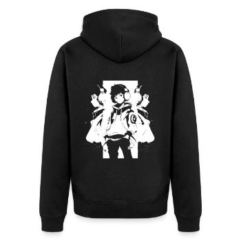 Shibuya's cool Cyberpunk Style Anime Boy Otaku - Unisex Premium Bio Zip Hoodie - Schwarz - Hinten - Nico (187cm)