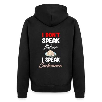 Carbonara Connaisseur Italiano Makkaroni Käse - Unisex Premium Bio Zip Hoodie - Schwarz - Hinten - Nico (187cm)