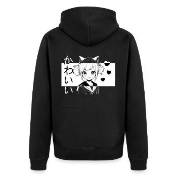 Kawaii Neko Girl School Girl Harajuku Manga Illust - Unisex Premium Bio Zip Hoodie - Schwarz - Hinten - Nico (187cm)