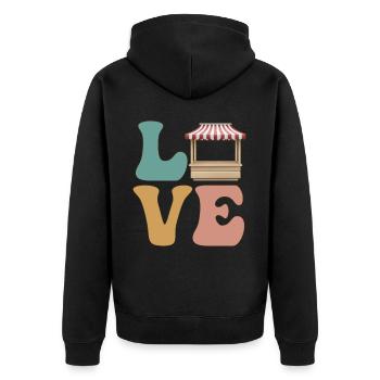 Flohmarkt Garagenverkauf Thrifting - Unisex Premium Bio Zip Hoodie - Schwarz - Hinten - Nico (187cm)