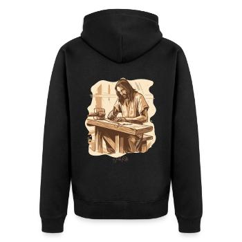 Jesus Josef: Der urprüngliche Zimmermann - Unisex Premium Bio Zip Hoodie - Schwarz - Hinten - Nico (187cm)