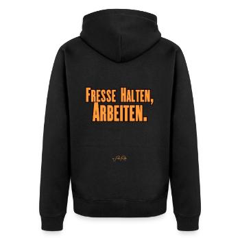 Fresse halten, Arbeiten - Unisex Premium Bio Zip Hoodie - Schwarz - Hinten - Nico (187cm)