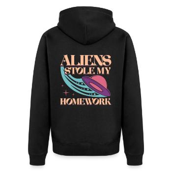 Alien, UFO, UAP, Space, Weltraum Flugobjekt - Unisex Premium Bio Zip Hoodie - Schwarz - Hinten - Nico (187cm)