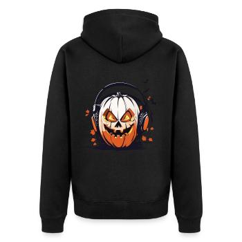 Halloween Musik Kürbis Kopfhörer Spaß Design - Unisex Premium Bio Zip Hoodie - Schwarz - Hinten - Nico (187cm)