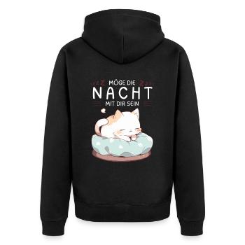 Möge die Nacht mit dir sein - Schlafshirt Katze - Unisex Premium Bio Zip Hoodie - Schwarz - Hinten - Nico (187cm)