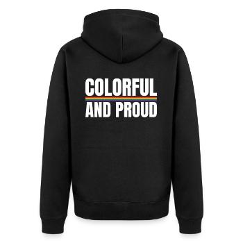 Colorful and Proud Rainbow Love Gay Pride - Unisex Premium Bio Zip Hoodie - Schwarz - Hinten - Nico (187cm)