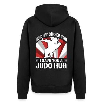 Ich habe dich nicht gewürgt, ich habe dich umarmt - Unisex Premium Bio Zip Hoodie - Schwarz - Hinten - Nico (187cm)