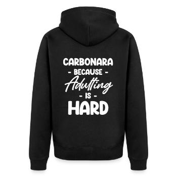Carbonara Connaisseur Italiano Makkaroni Käse - Unisex Premium Bio Zip Hoodie - Schwarz - Hinten - Nico (187cm)