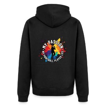 Paintball Player My Passion My Paintballer Airsoft - Unisex Premium Bio Zip Hoodie - Schwarz - Hinten - Nico (187cm)