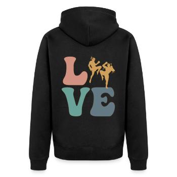 Muay Thai Boxen Kampfsport - Unisex Premium Bio Zip Hoodie - Schwarz - Hinten - Nico (187cm)