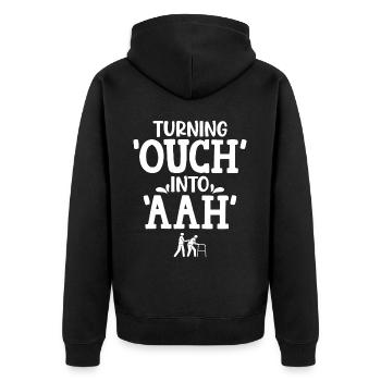 „autsch“ In „aah“ Verwandeln – Beruhigendes - Unisex Premium Bio Zip Hoodie - Schwarz - Hinten - Nico (187cm)