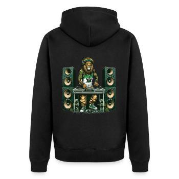 A Rasta lion DJ mixing surrounded by speakers - Unisex Premium Organic Zip Hoodie - black - Back - Nico (187cm)