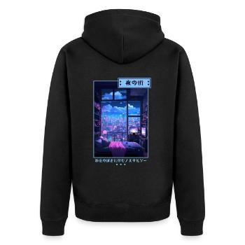 Vintage Bedroom Japanese Night City Vaporwave Aest - Unisex Premium Bio Zip Hoodie - Schwarz - Hinten - Nico (187cm)