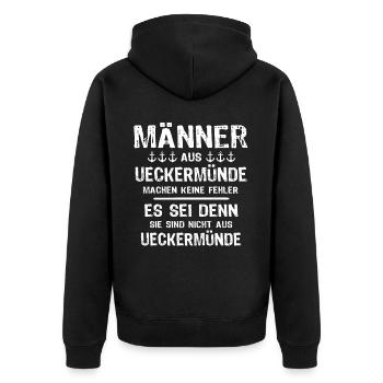 Ueckermünde Sprüche Ueckermünder - Unisex Premium Bio Zip Hoodie - Schwarz - Hinten - Nico (187cm)