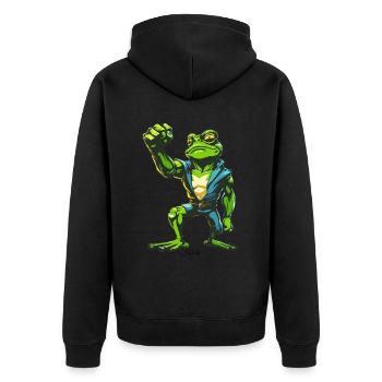 Fist in the Air: Powerful Muscle Frog - Unisex Premium Organic Zip Hoodie - black - Back - Nico (187cm)
