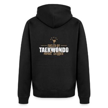 Fueled by Taekwondo and Coffee Kampfsport - Unisex Premium Bio Zip Hoodie - Schwarz - Hinten - Nico (187cm)