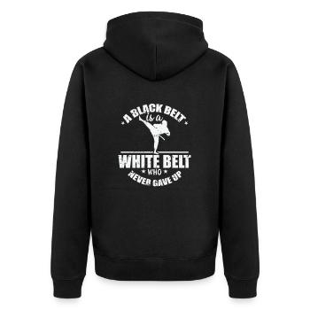 A Black Belt never gave up Taekwondo - Unisex Premium Bio Zip Hoodie - Schwarz - Hinten - Nico (187cm)