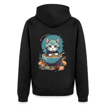 Kawaii Katze Ramen Pastell Japan Design - Unisex Premium Bio Zip Hoodie - Schwarz - Hinten - Nico (187cm)