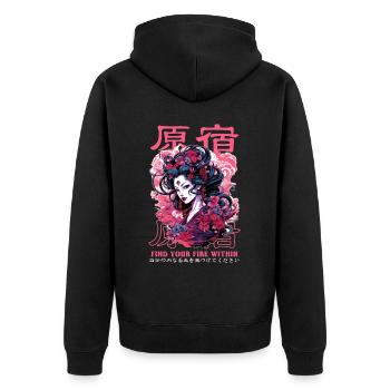 Harajuku Anime Girl Japanese Streetwear Vaporwave - Unisex Premium Bio Zip Hoodie - Schwarz - Hinten - Nico (187cm)