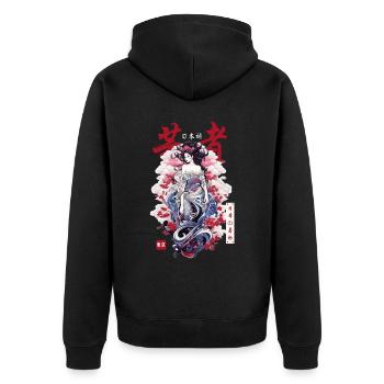 Japanese Streetwear Geisha Japan Kimono Girl Haraj - Unisex Premium Bio Zip Hoodie - Schwarz - Hinten - Nico (187cm)