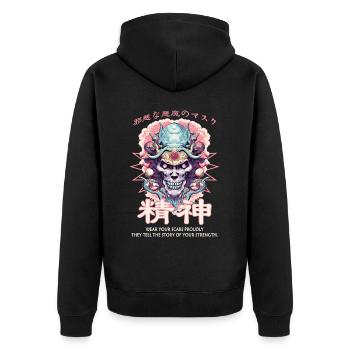 Creepy Oni Mask Japanese Streetwear Hiphop Harajuk - Unisex Premium Bio Zip Hoodie - Schwarz - Hinten - Nico (187cm)