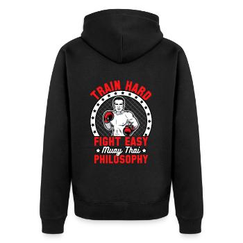 Trainieren Sie hart, kämpfen Sie einfach, Muay Thai Philosophie - Unisex Premium Bio Zip Hoodie - Schwarz - Hinten - Nico (187cm)