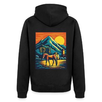 Bunter Pferdehof mit Pferd - Unisex Premium Bio Zip Hoodie - Schwarz - Hinten - Nico (187cm)