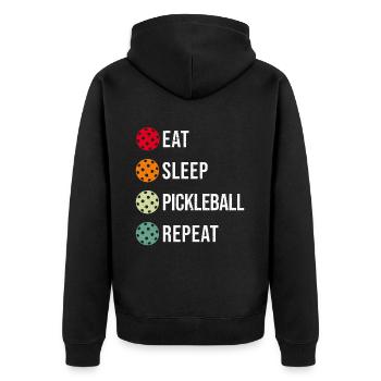 Pickleball, Mangez Dormez Pickleball Répéter - Veste à capuche bio Premium Unisexe - noir - Dos - Nico (187cm)