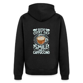 Lächeln mit Cappuccino - Unisex Premium Bio Zip Hoodie - Schwarz - Hinten - Nico (187cm)