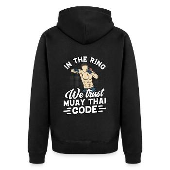 In the Ring we trust Muay Thai Code - Unisex Premium Organic Zip Hoodie - black - Back - Nico (187cm)